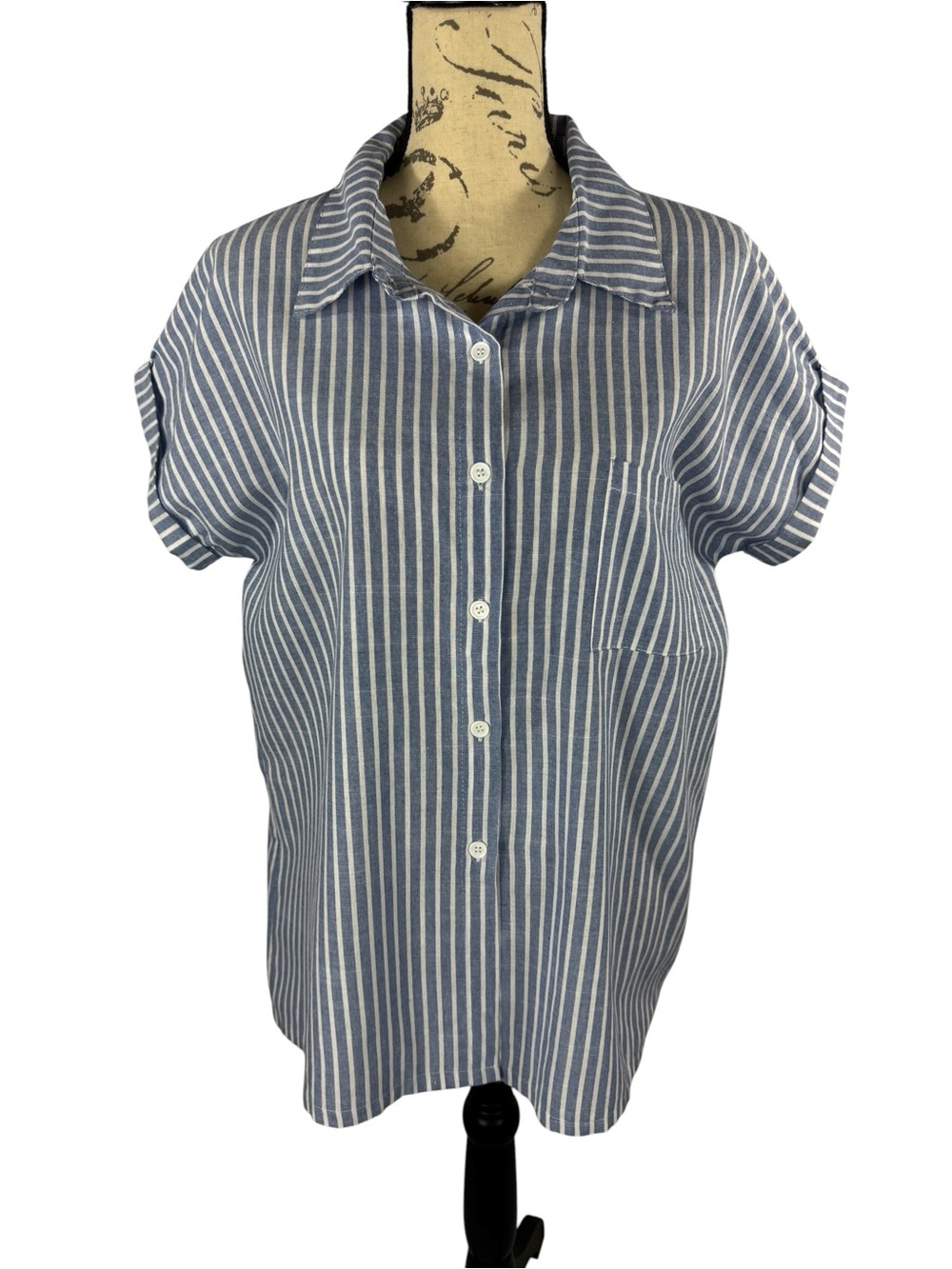 Misslook Womens Blue & White Short Sleeve Button Up Shirt